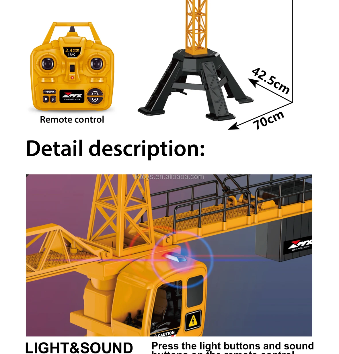 9 Channel RC Mega Tower Crane 128cm 2.4GHz Remote Control Construction Site Toy Rotation Lift Model with Tower Lights and Sounds