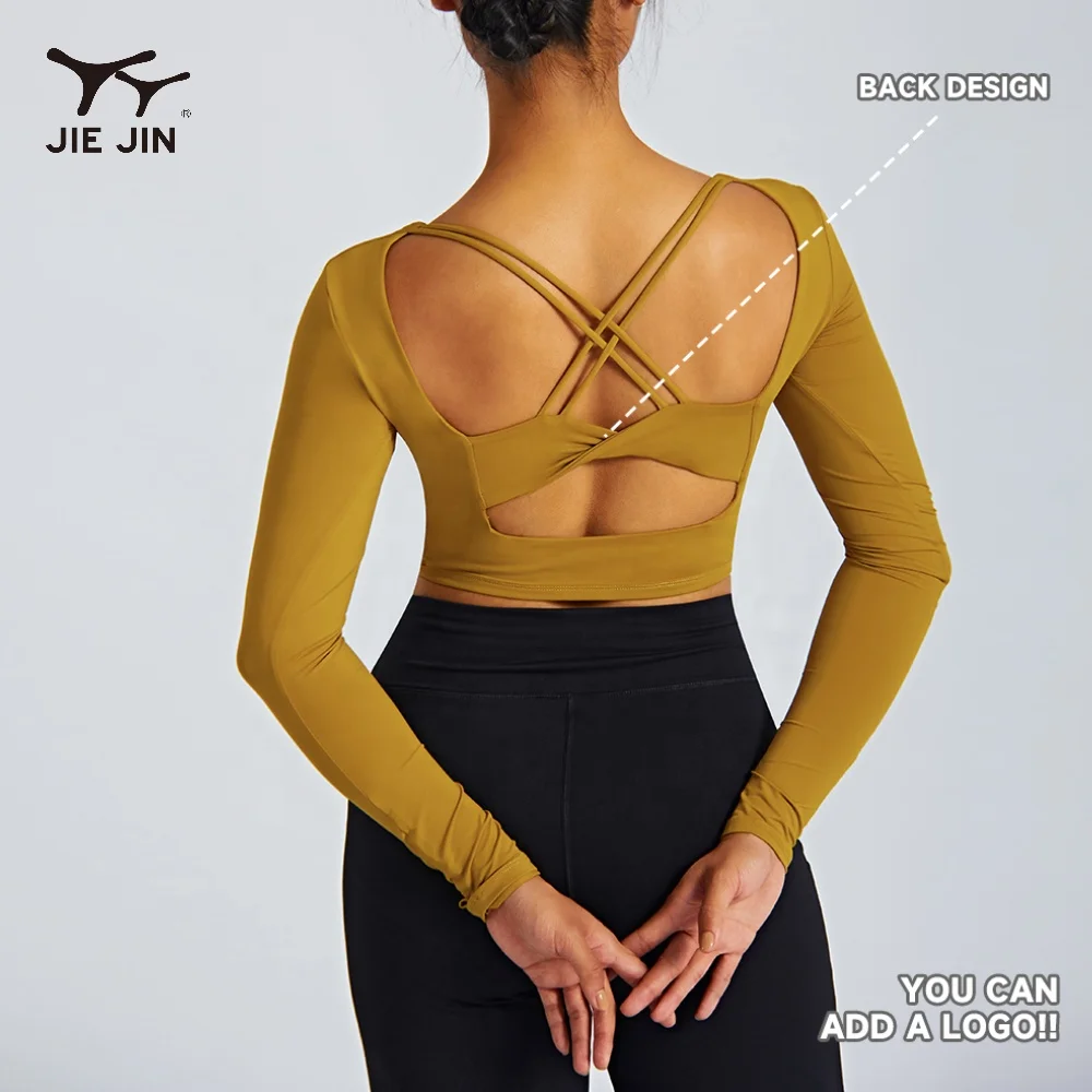 JIEJIN Designer Apparel Yoga Wear Outfits Sports Workout Cross Back Long Sleeve Crop Top Women Gym T Shirt
