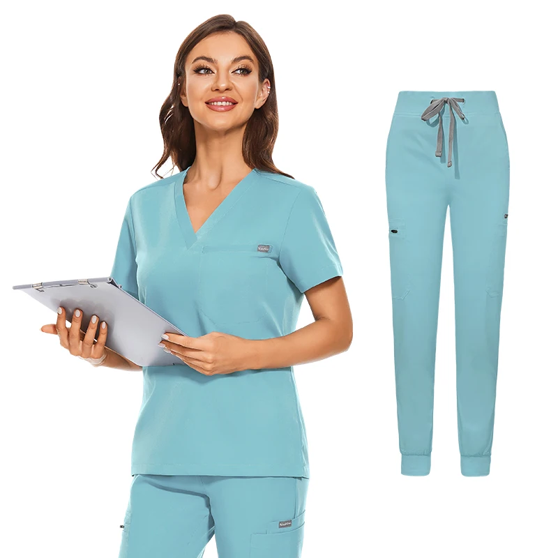 2023 New Style Women Hospital Scrub Uniform Sets Nurse Workwear UniformClothes Scrub Sets Stretch Spandex Navy Blue for Hospital