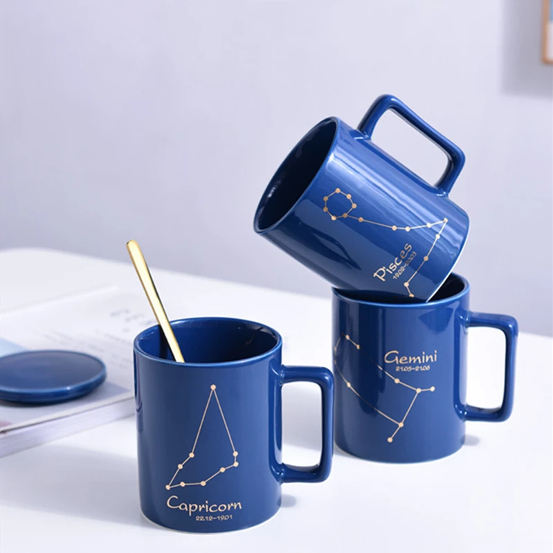 Promotion horoscope gold plated customized straight shape constellation ceramic mug with gold handle with lid