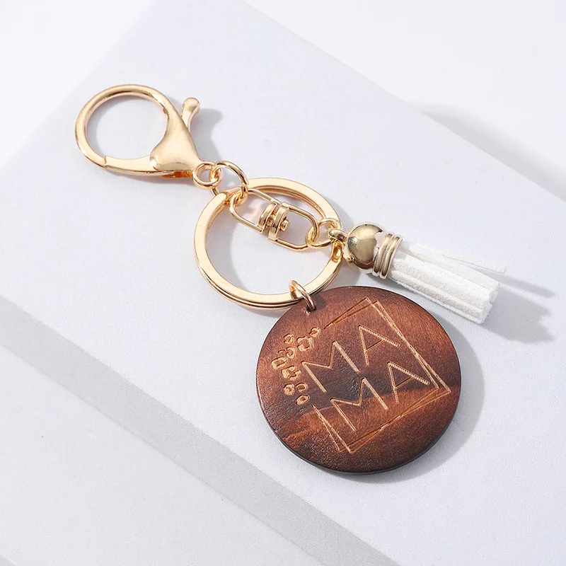 Wholesale Cheap Wood Chain Laser Logo Bag Accessories Custom Design Mother Day Gift Wooden Keychain Pink With Tassel