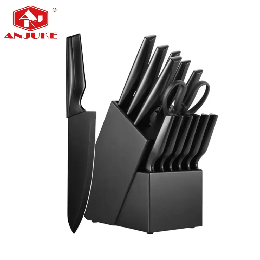 ANJUKE 14 Pieces Kitchen Knives Stainless Steel Handle Built-In Sharpener Chef Kitchen Knife Set With Block Stand
