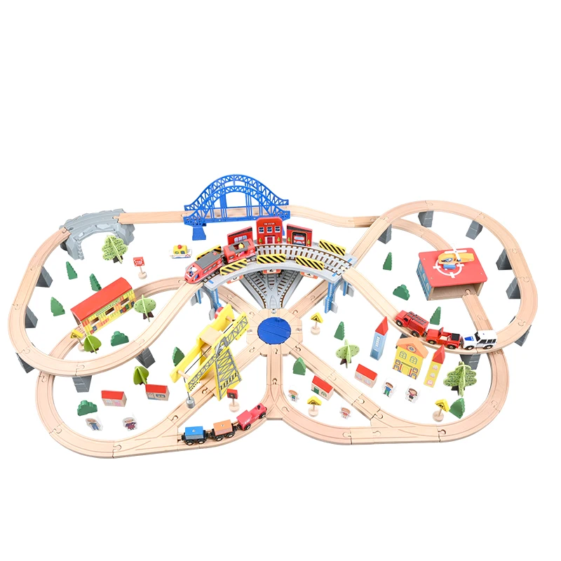 New Arrival 146 Pcs Classic Wooden Train Track Set with 2 sets wooden Trains, Pre-school Orbital Educational Toys for Ki
