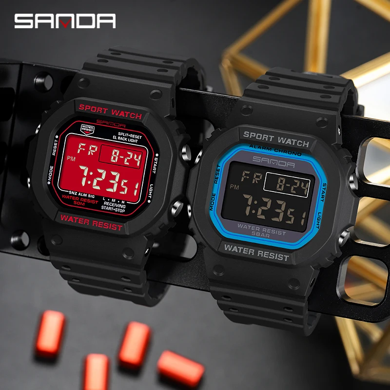 SANDA 2107 черные мужские цифровые часы новейший резиновый ремешок водонепроницаемый светящийся календарь персонаж спортивные