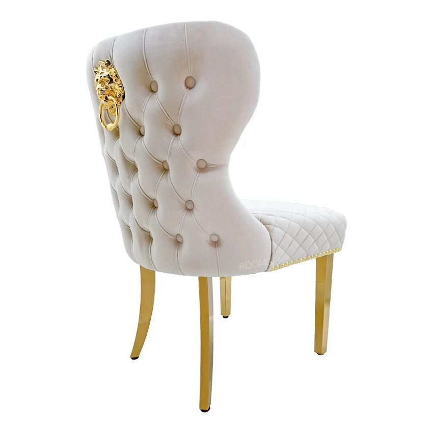 New Design Beige Tufted Velvet Restaurant Banquet Dining Room Chair Legs Home Furniture Fabric Modern with Gold Lion