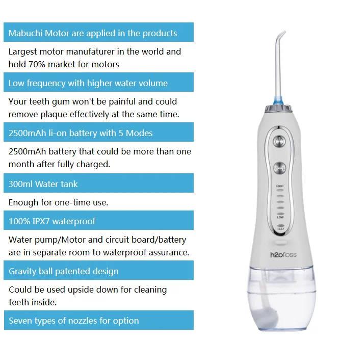 H2ofloss best selling water pick cordless water flosser teeth cleaner with IPX7 waterproof 300ml water toothpick