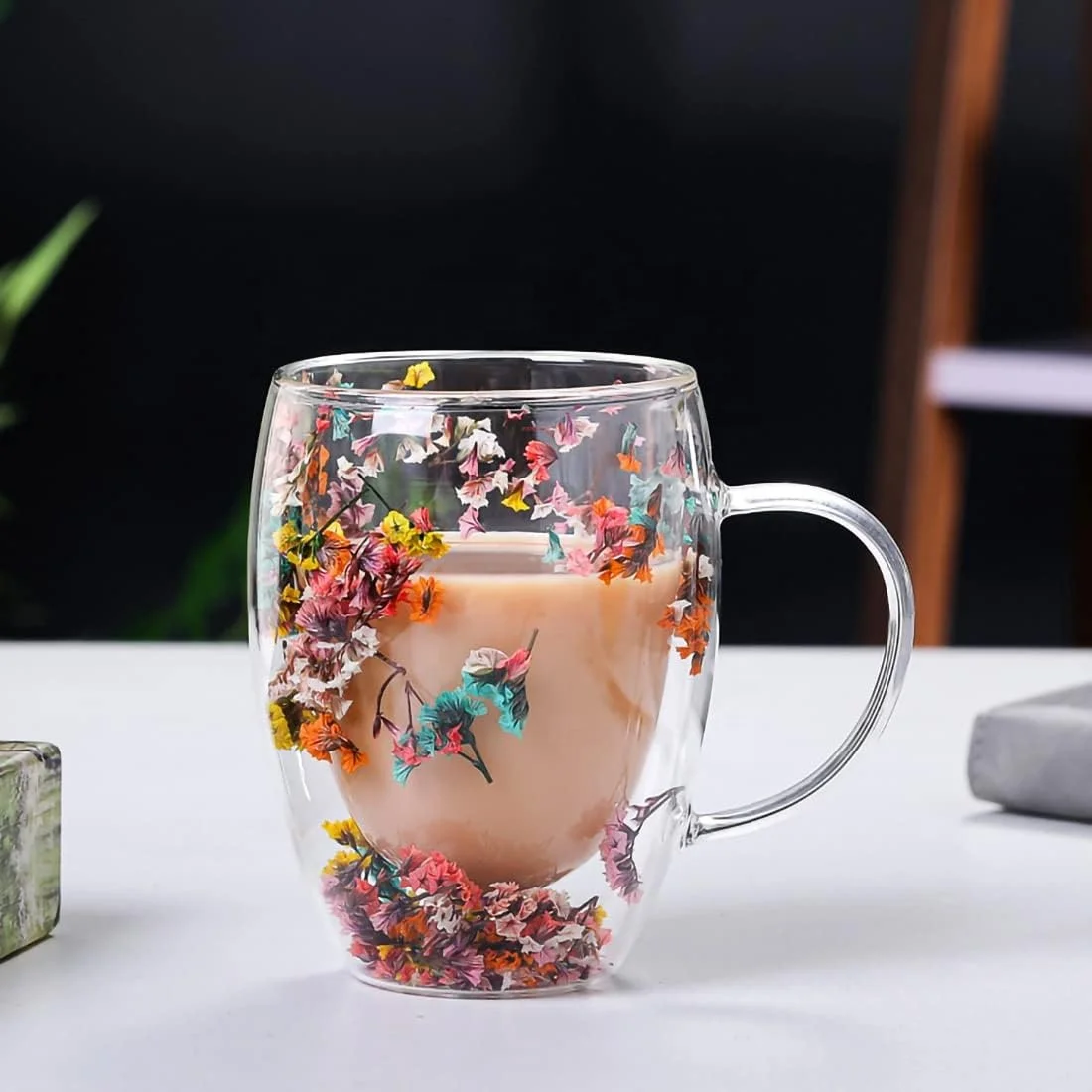 borosilicate Bionic dried flower Heat-resistant christmas mugs sublimation insulation double wall glass cup coffee mug