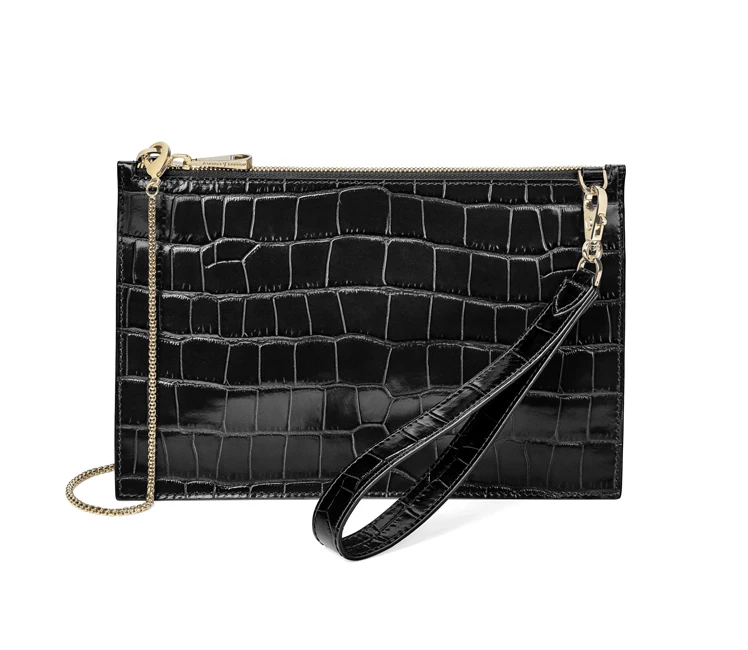 Luxury Crocodile Embossed Wristlet Ladies Leather Women Clutch Zipper Pouch With Chain