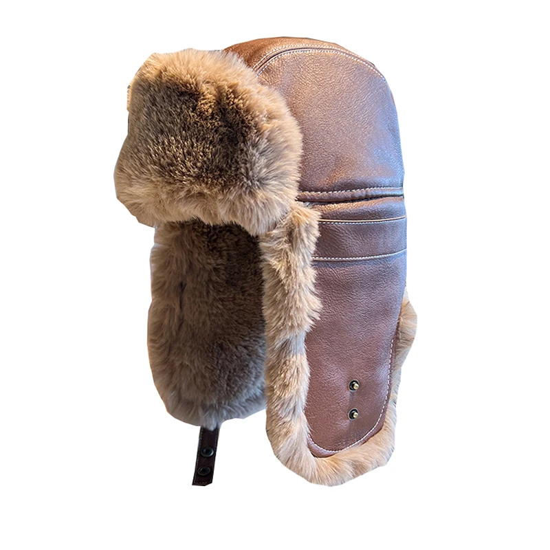 Wholesale Fashion Winter Thicken Warm Plush PU Leather Trooper Hats With Ear Flaps