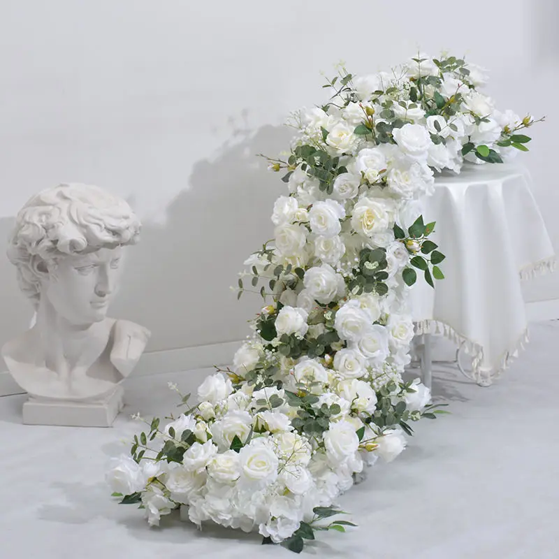 Customized Rose Flower Runner 2 Meter White Flower Row Flower Wall Backdrop Rose For Wedding Decoration