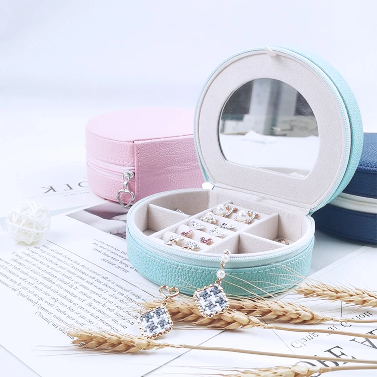 
promotion jewelry gift box custom Logo Travel Mirror Jewelry Box Zipper Leather Ring Jewelry Box 