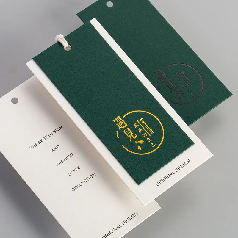 Luxury custom logo clothing hang tag green special paper embossed hot stamping hang tags recyclable swing hangtags custom