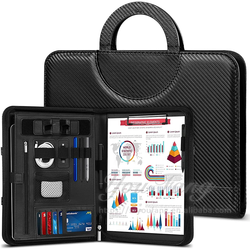 Trending leather portfolio A4 schreibmappe business writing case carbon fiber conference folder zip waterproof document bag case