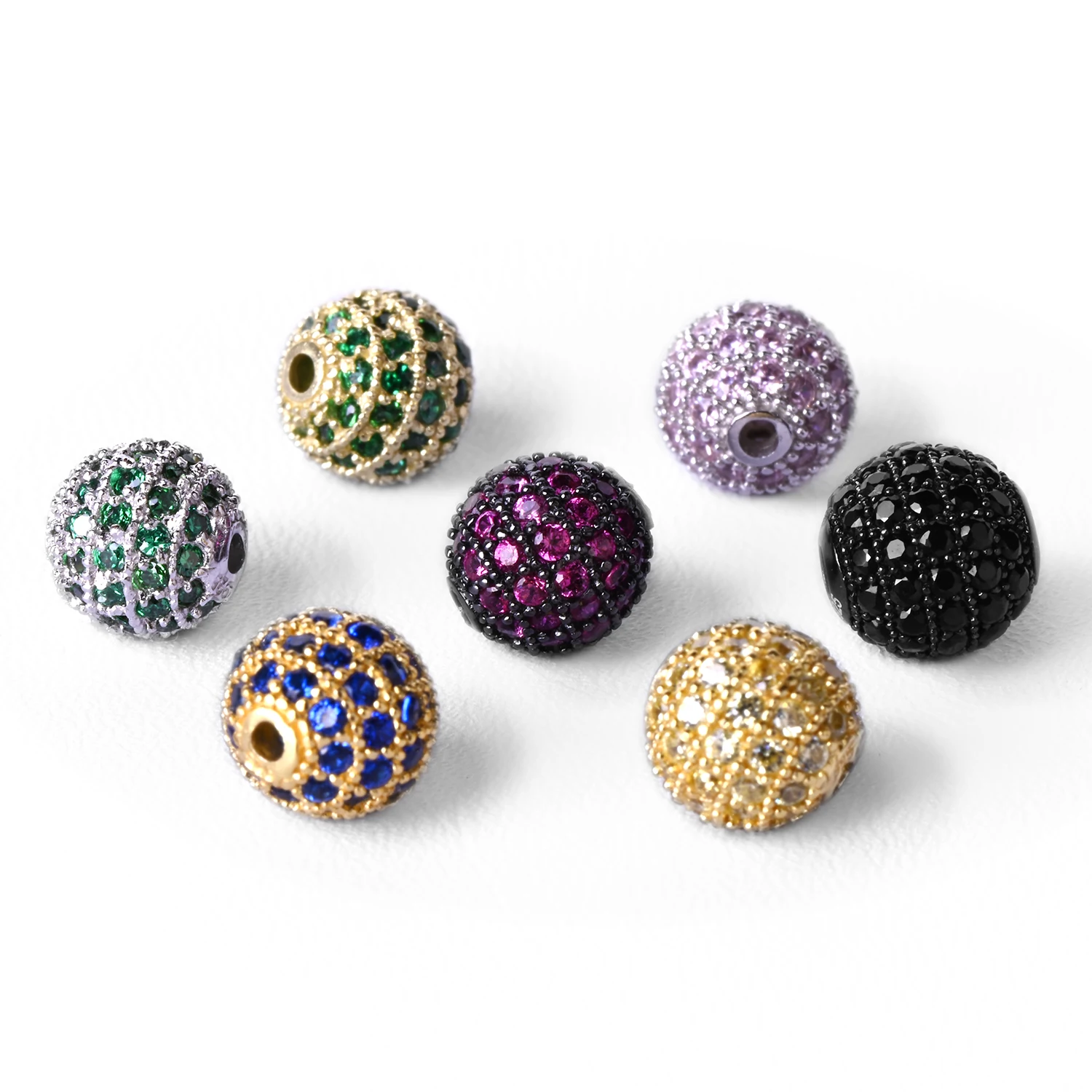 JASEN Full pave Bling  green Cubic Zirconia  925 Silver gold plated Round Ball  Crimp or End  Beads jewelry components