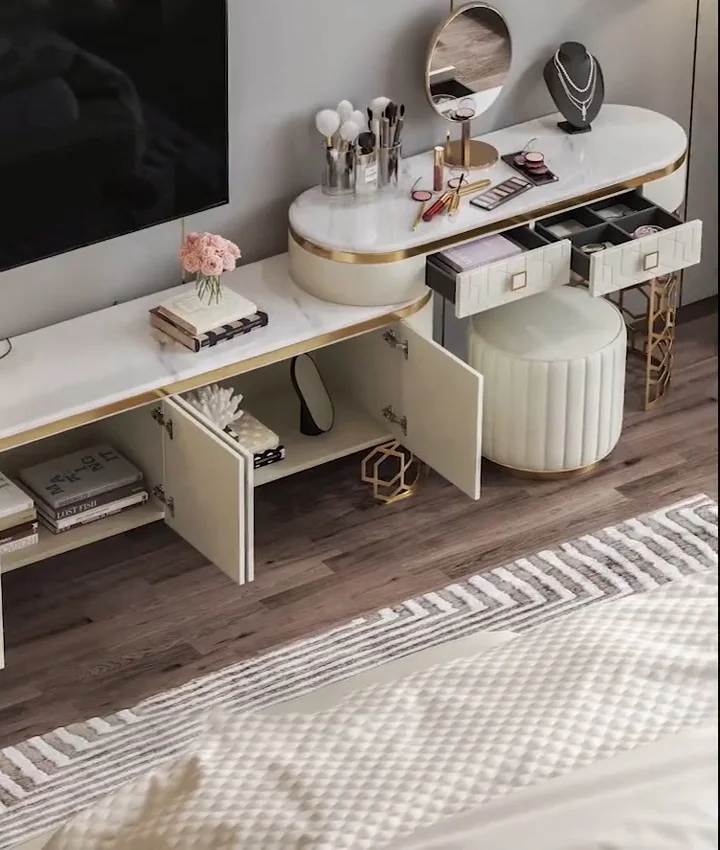 Luxury Modern Furniture Bedroom Set Dresser Golden Steel Base Makeup Vanity Dressing Table