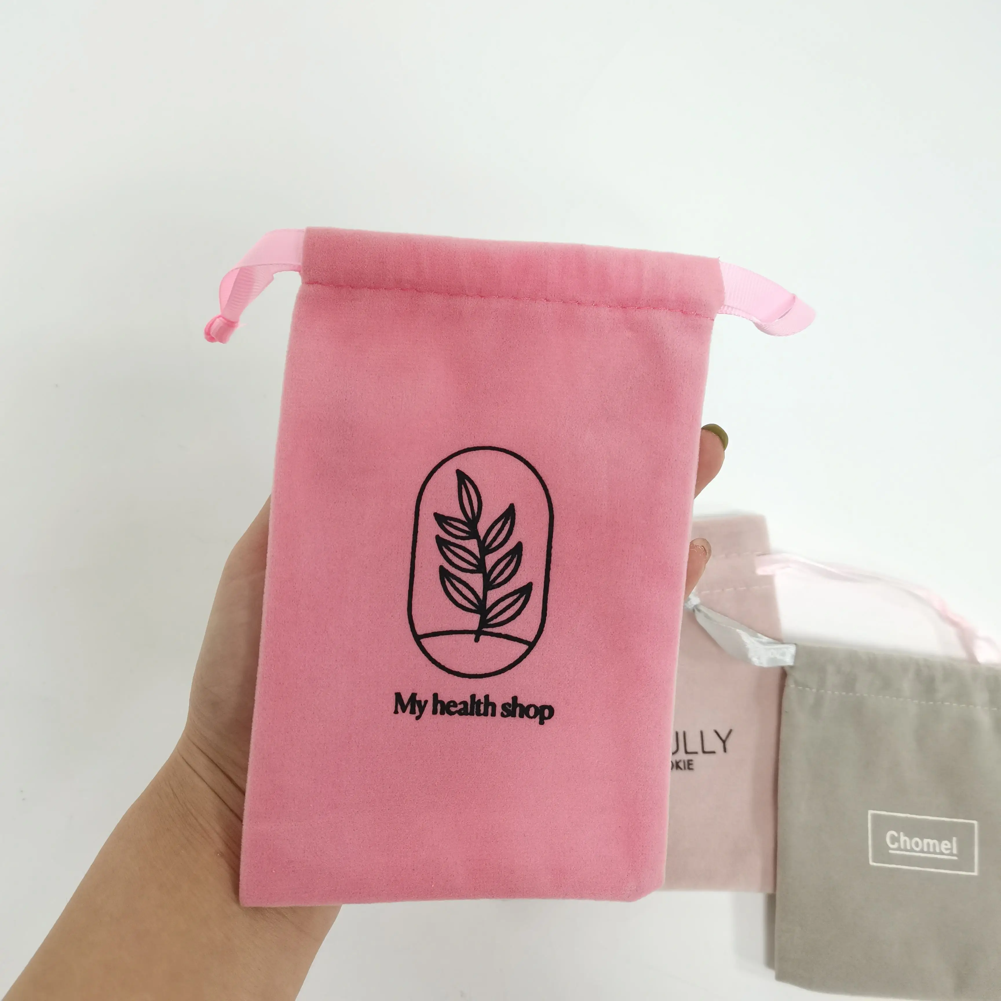 Custom logo Printed Mini Pink Drawstring Cosmetic Jewelry Bag Velvet Pouch Bag