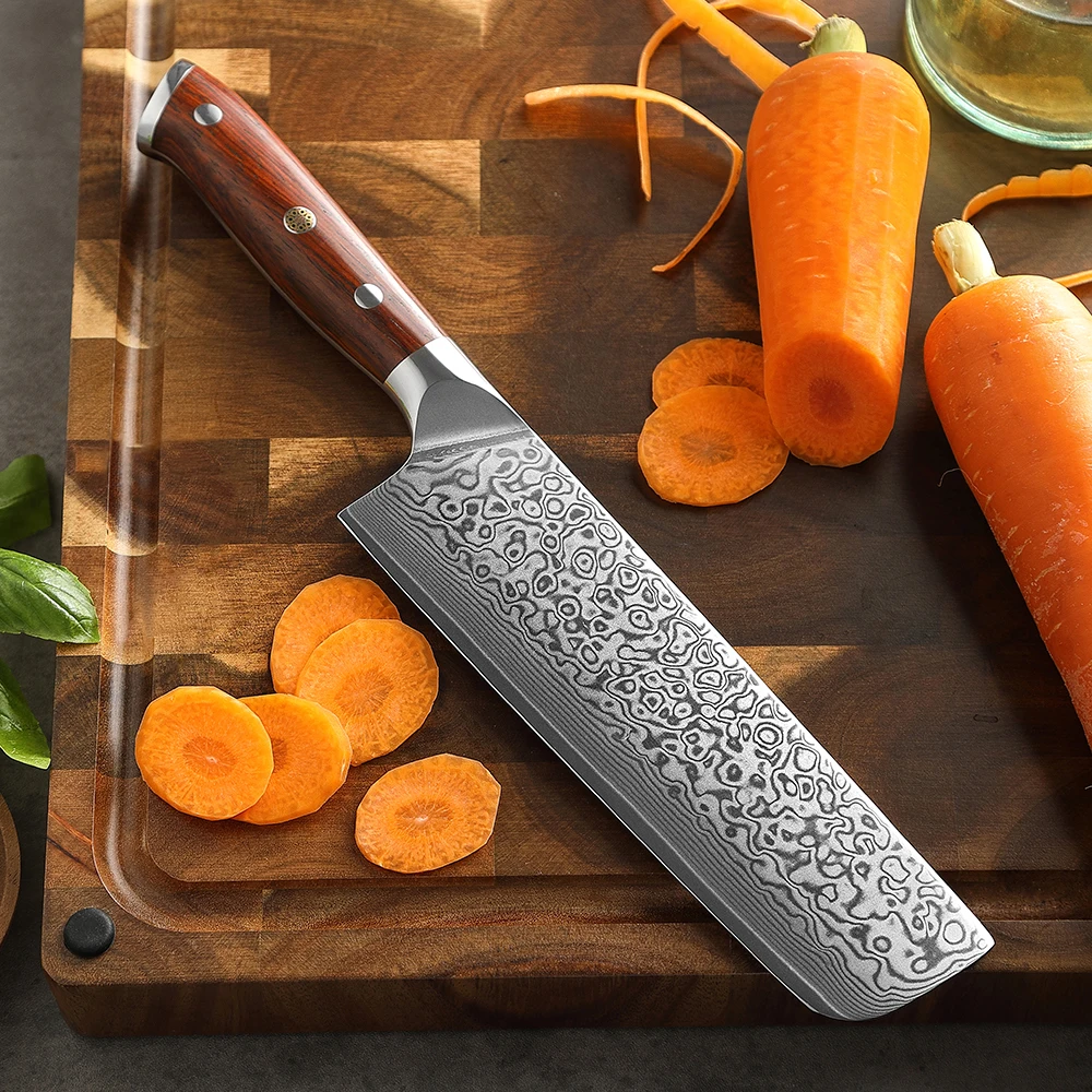 XINZUO New 7 inch 67 Layers Damascus Steel Rosewood Handle Sharp Japanese Kitchen Vegetable Nakiri Knife with Wooden Sheath