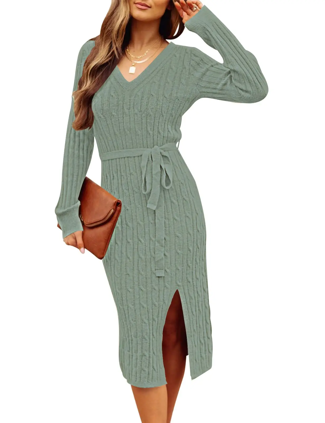 Long Sleeve V Neck Surplice Neck Twist Solid Midi Dresses Women Cable Knit