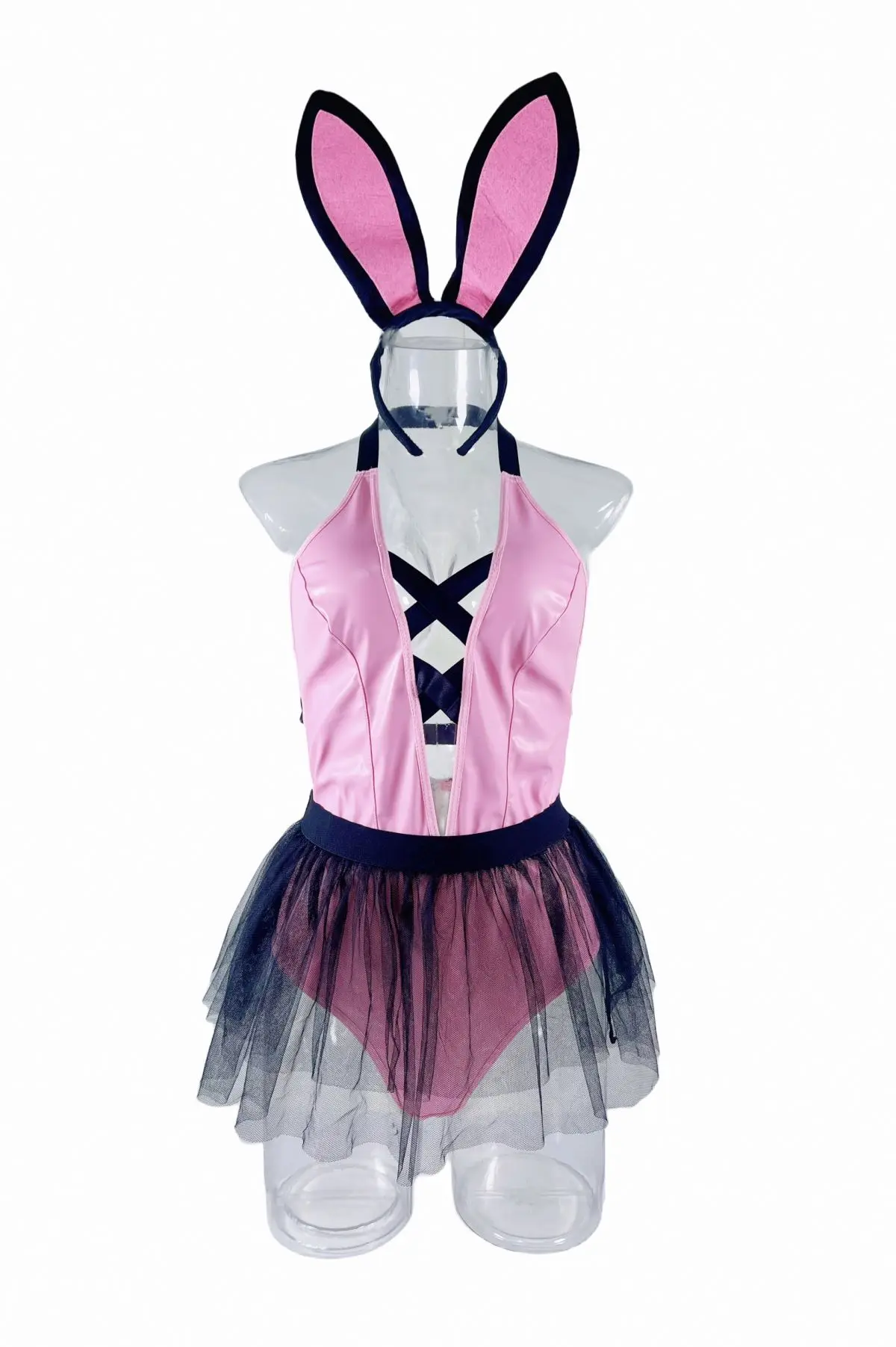 Custom Logo Sexy Pink Bunny Girl Cosplay Costume V Neck Bodysuit With Mesh Skirt and Hairband Teddy Lingerie