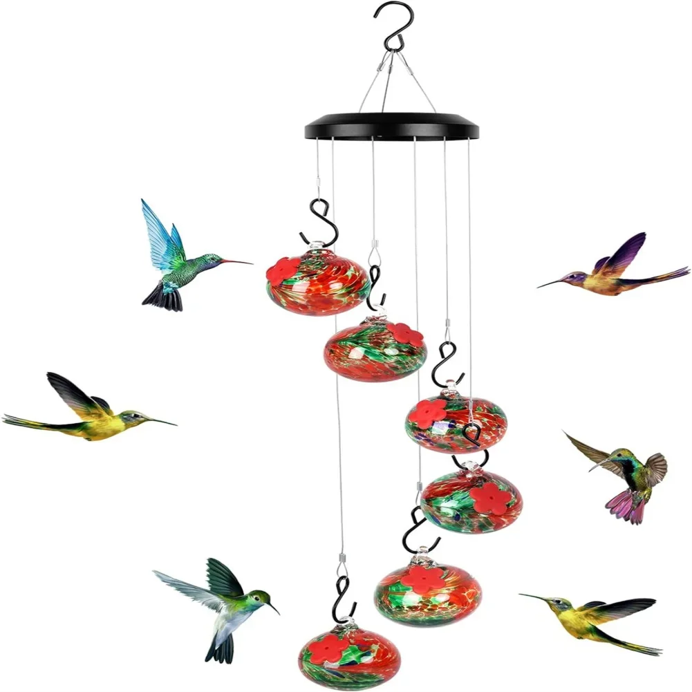 Hanging Hummingbird Feeder Glass With Flower Shape Feeding Ports 6 Feeder Balls Outdoor Bird Feeder For Garden Yard Patio