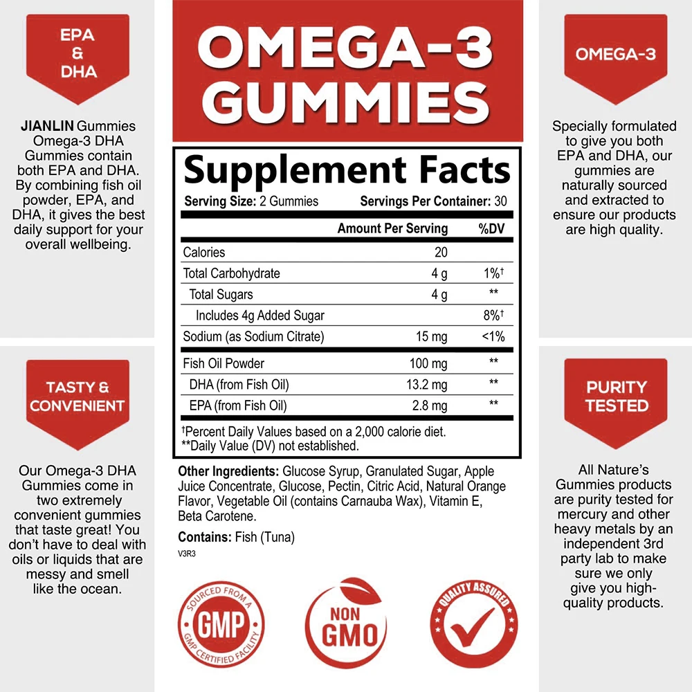 OEM Organic DHA EPA Omega 3 Gummies With Omega 6 9 For Supports Brain Joint Heart Eyes And Immune System