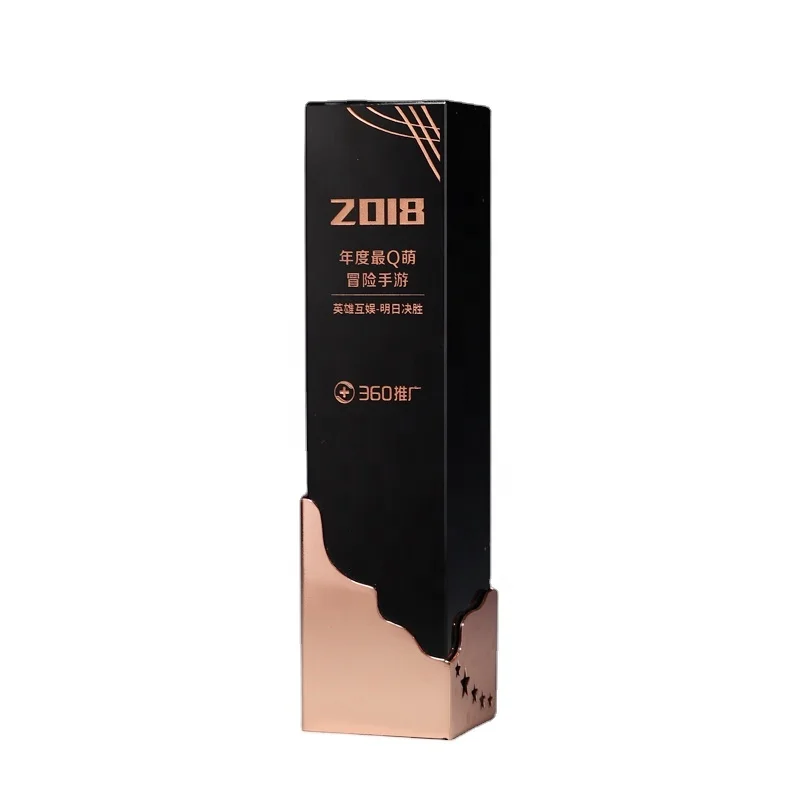 High Quality Black Crystal Cube Award Trophy With Gold Metal Base Logo Engraved Glass Award And Trophies