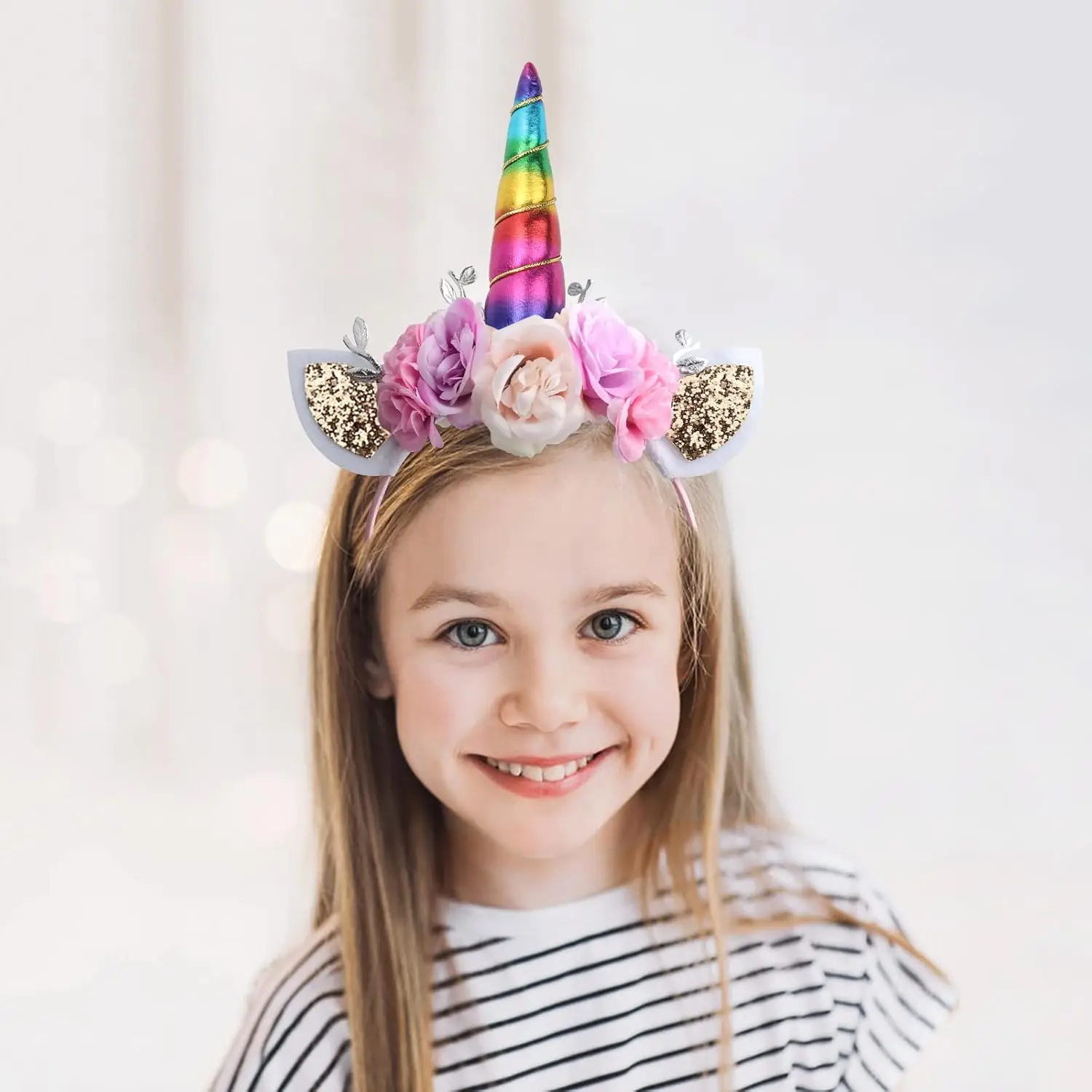 Unicorn Headband, Rainbow Glitter Horn Headband Cat Ear Head Bands Flowers Headwear Accessory for Unicorn Party Supplies