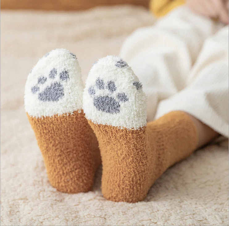 plush coral fleece socks female tube socks autumn and winter cat claws cute thick warm sleeping floor sleep socks for lady