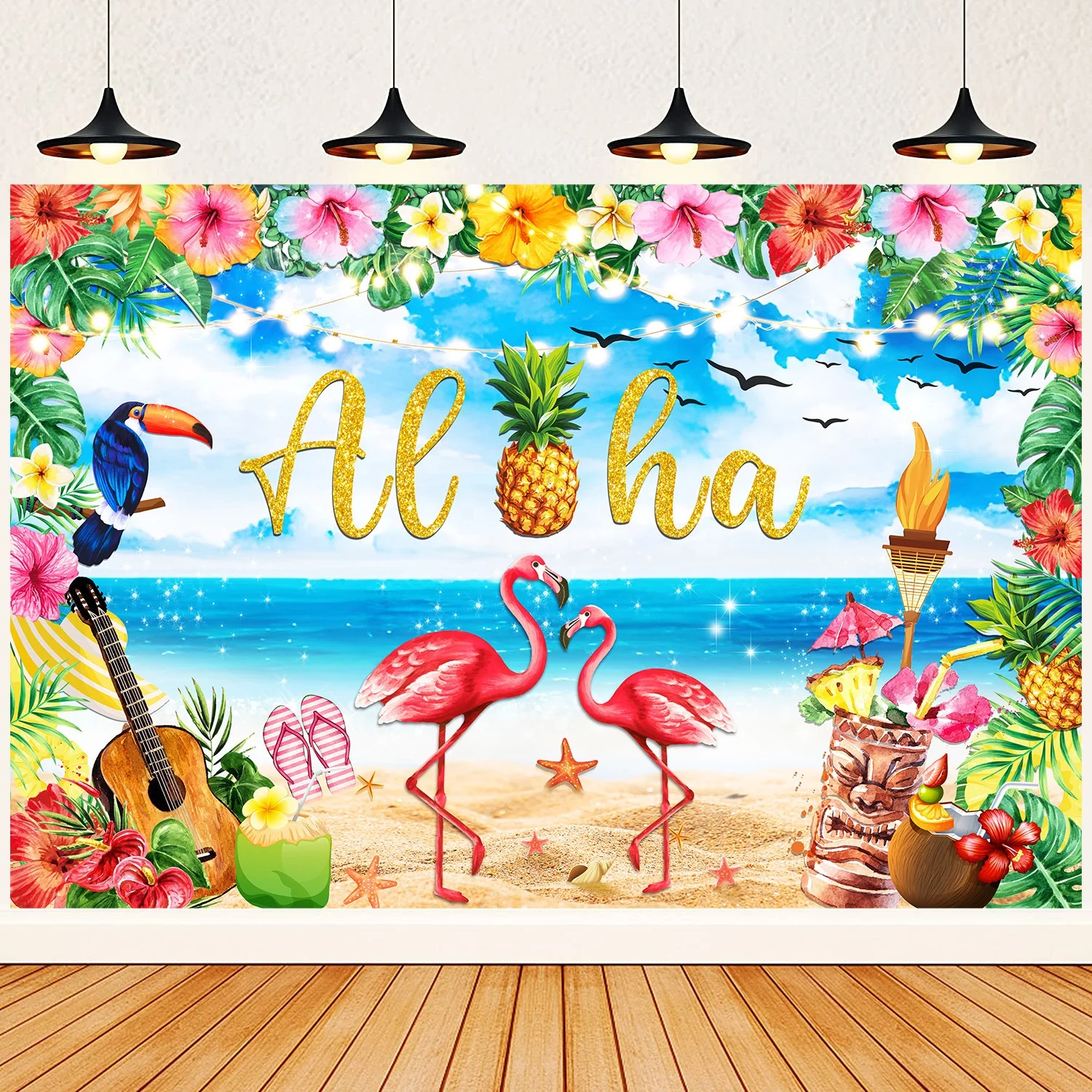 Hawaiian Luau Party Decoration Background Summer Flamingo Aloha Party Backdrop for Birthday Party