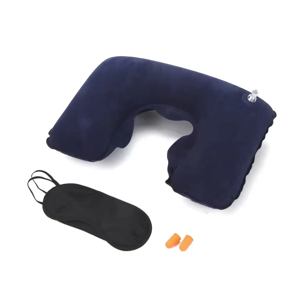 1 Set 3 in1 Travel U-shaped Pillow Flocking travel set Inflatable Neck Air Cushion Pillow Eyeshade with Ear Plug