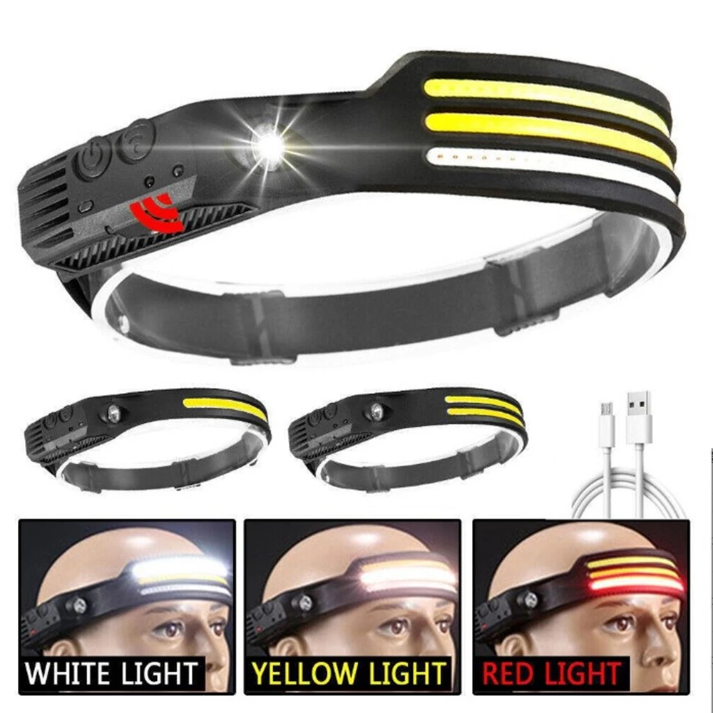 Waterproof Camping Helmet Flashlight Headlight Silicone COB Sensor Head Lamp Light Type-c Rechargeable Led Headlamps