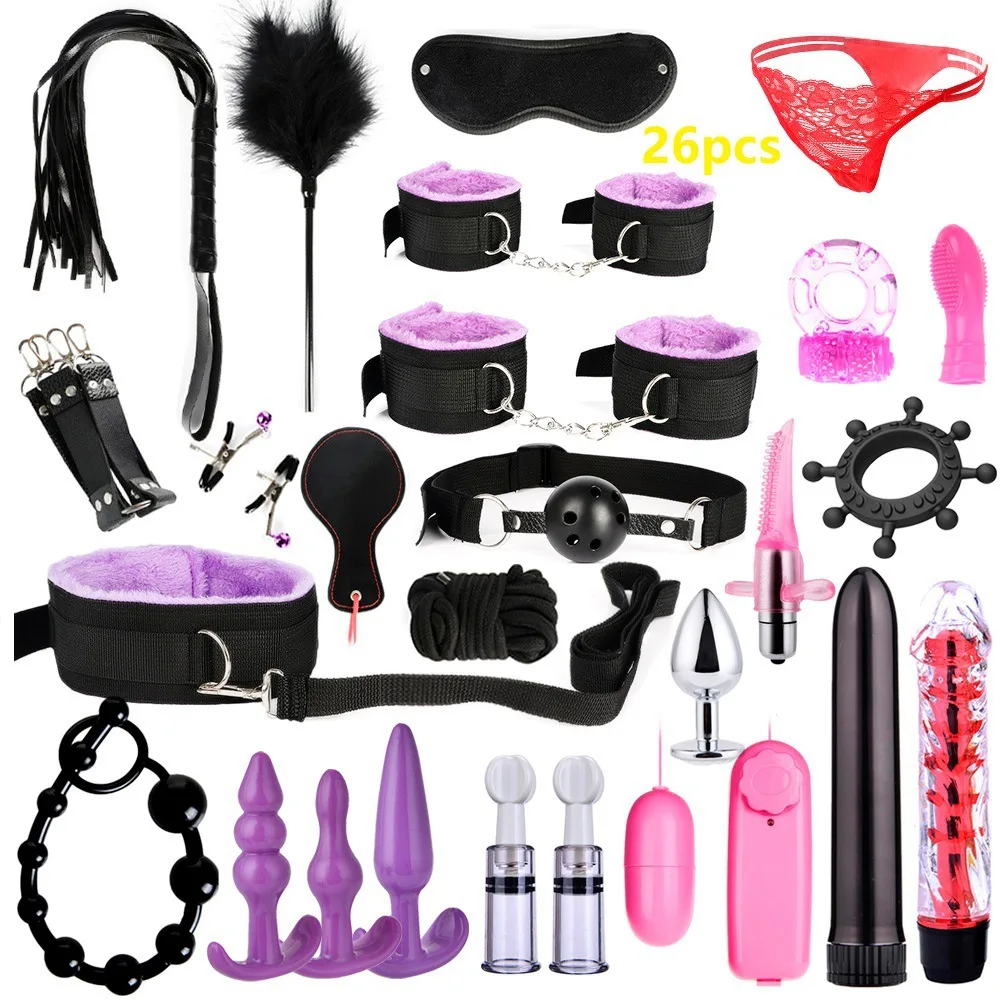 
26 PCS Bondage Gear Restraints SM Game Suit Sex Handcuffs Whip Mouth Gag Sexy Lingerie Toys Set 