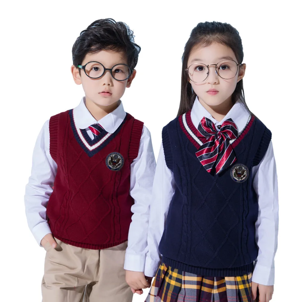 Best sale  cheap custom student 3-18Y children navy kids school v-neck uniform sweater