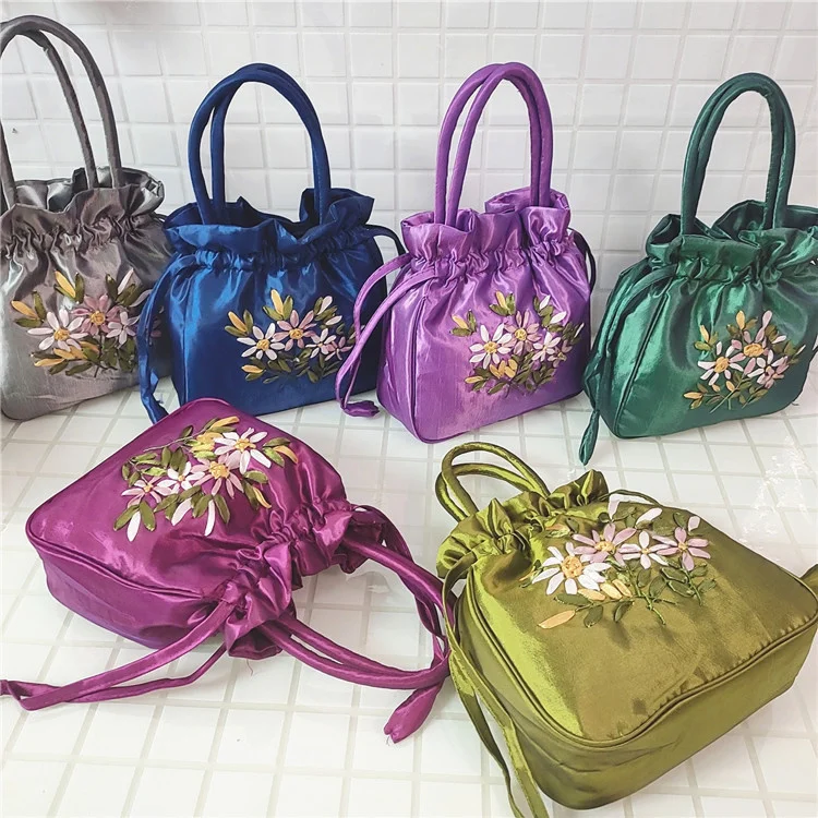 TLB-8R005    Lady small satin drawstring makeup bag 2022 latest ethnic embroidery flower handbag vintage