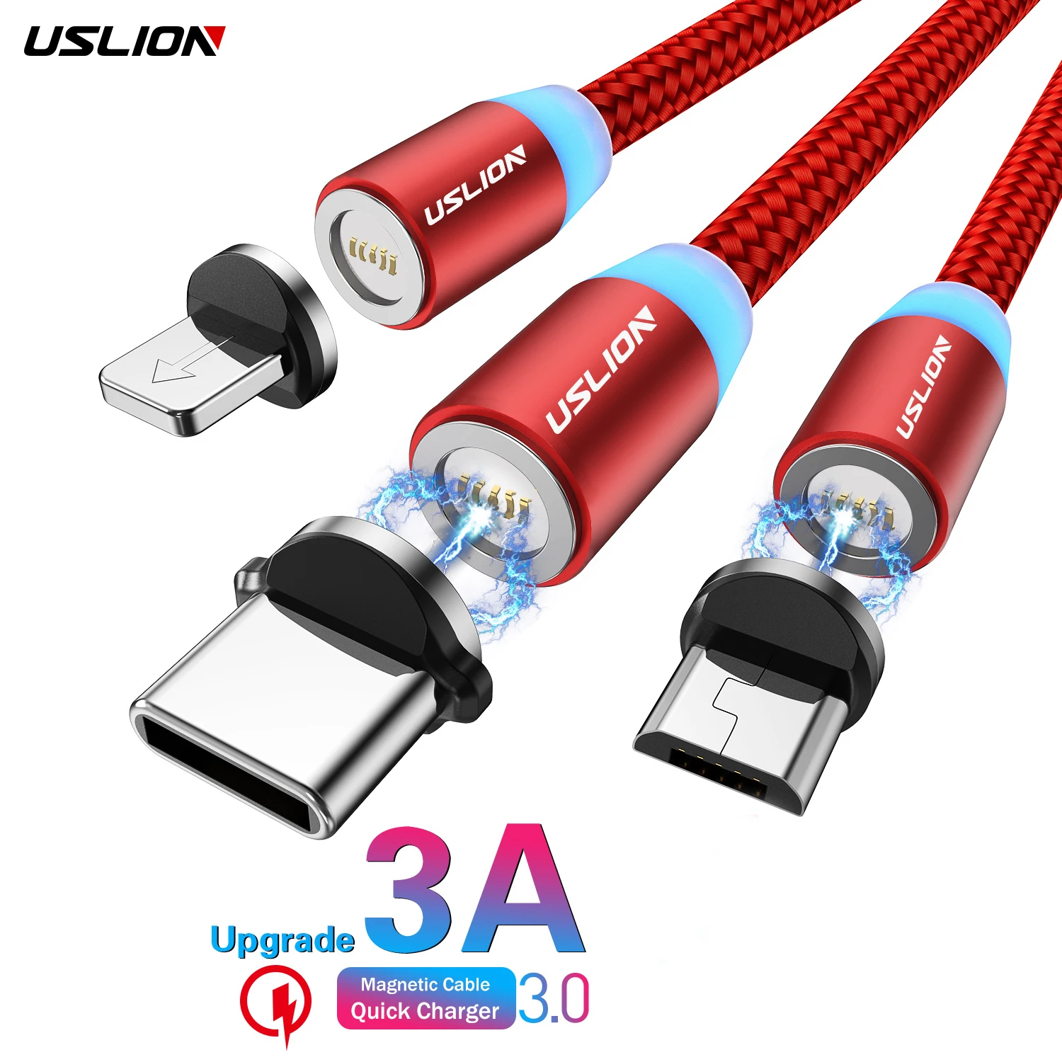USLION OEM 360 градусов вращающийся магнитный кабель USB зарядное устройство 3 в 1 взаимный обмен данными между компьютером и периферийными устройствами Магнитный кабель для зарядки или передачи данных со штекером 3A быстрой зарядки