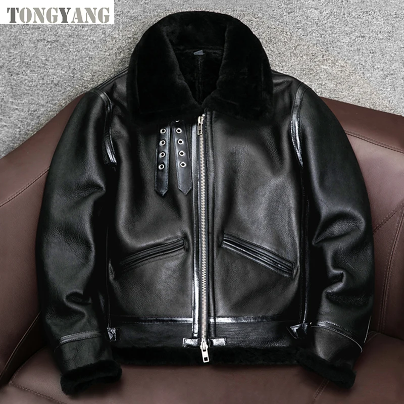 TONGYANG New Thick Sheep Wool Original Ecological Fur One Leather Fur Jacket Male Warm Genuine Sheepskin Coats Flight Jackets