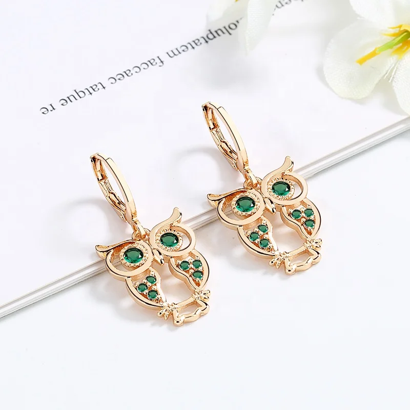 Wholesale Brass 18k Laminated Gold Color Cubic Zirconia Holiday Animal Green Owl Dorp Earrings For Women Fashion Jewelry