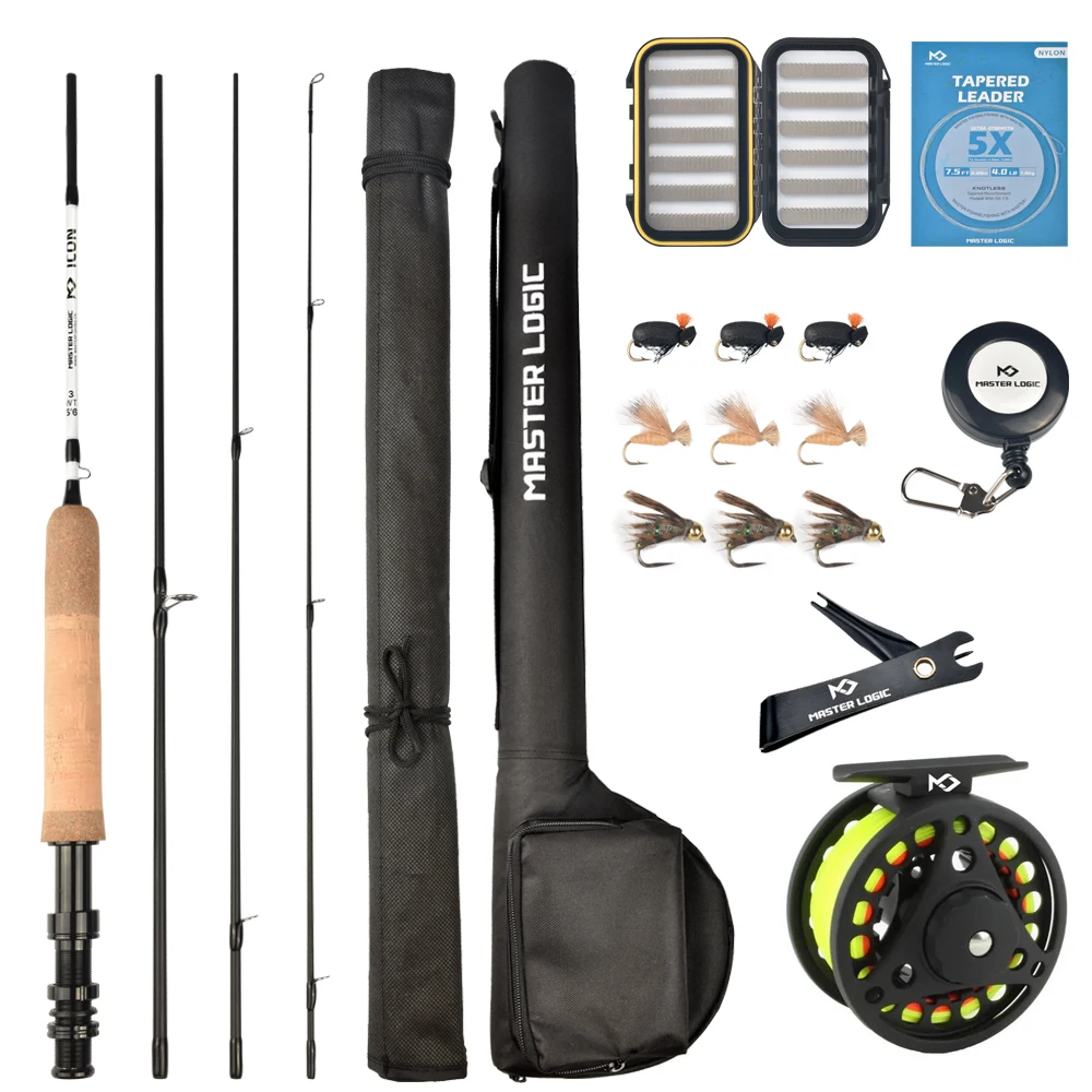 Master Standard Fly Fishing Combo Starter Kit Graphite Rod with Cork Handle Accessories Die Cast Aluminum Reel Carrying Cases