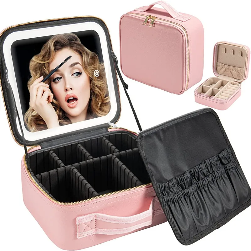 Large Capacity Makeup Case Storage Box Waterproof Pink Professional Artist Travel Leather Makeup Bag Case With Led Light Mirror