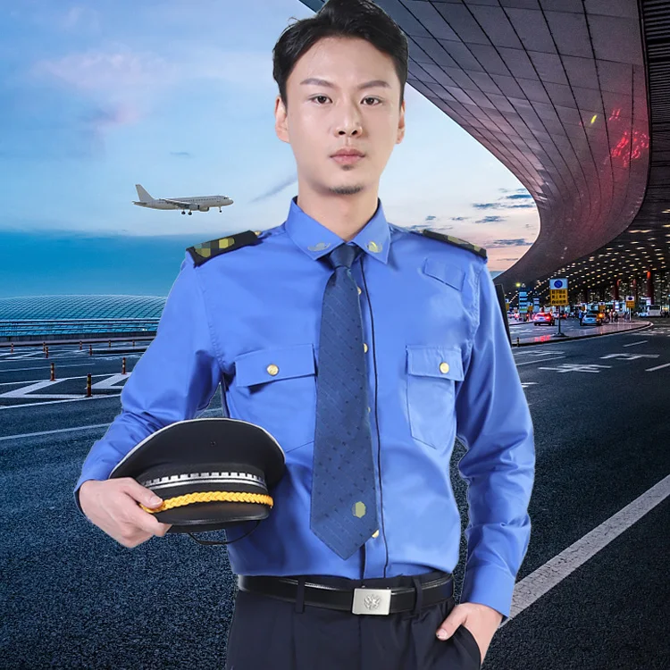 Custom Blue Airline Security Uniform Pilot Cabin Crew Formal Digital Print Winter Security Uniform Cotton Man Uniform Shirts