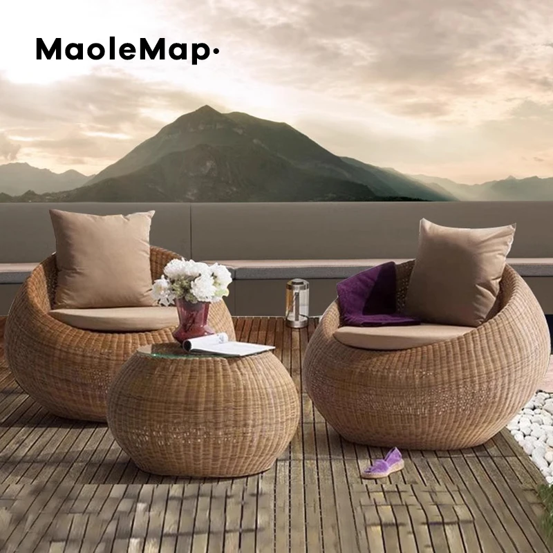 Outdoor sofa wicker terrace chair three-piece set round tea table garden leisure rattan sofa combination bamboo furniture