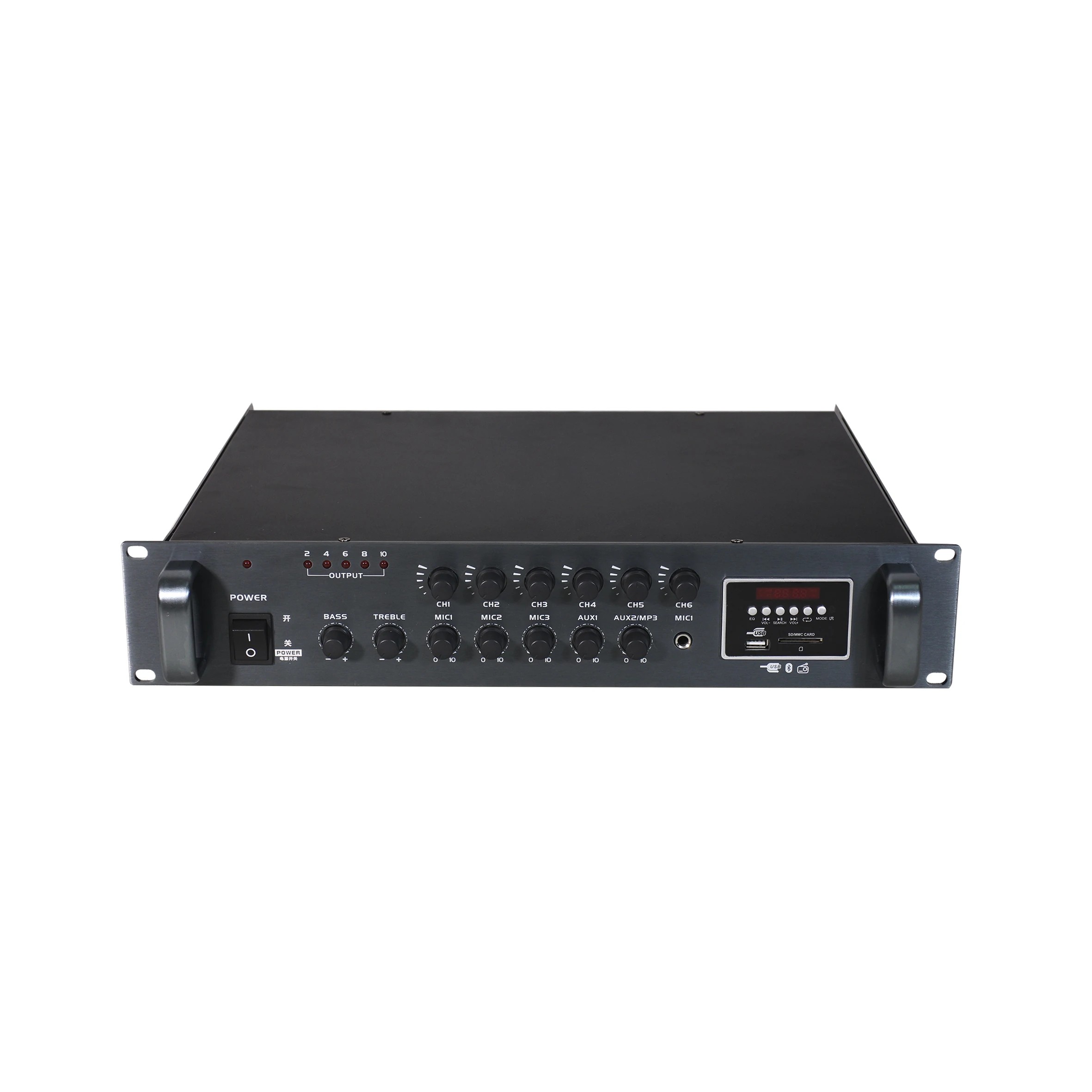6 Zone Class D 70W Mixer Amplifier with USB, Tuner, SD card, Blue tooth for Public Address System
