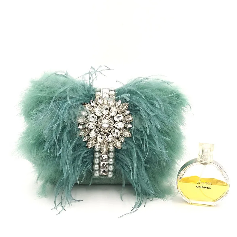 2023 Fashion Clutch For Dinner Party Ostrich Wool Bag For Women Rhinestone Clutch Chain Shoulder Bag