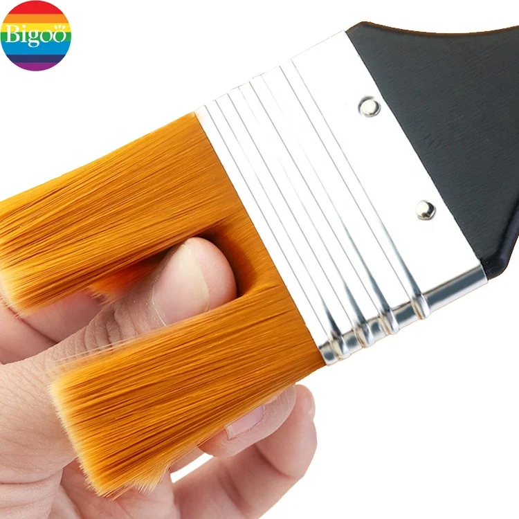 Customized black wooden handle flat nylon hair with mixed size professional artist painting brush for art supplies