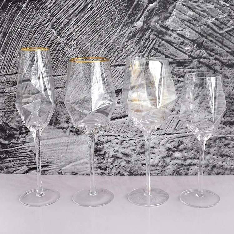 Elegant  diamond shape crystal  clear glasses with gold rim wine glass for wedding