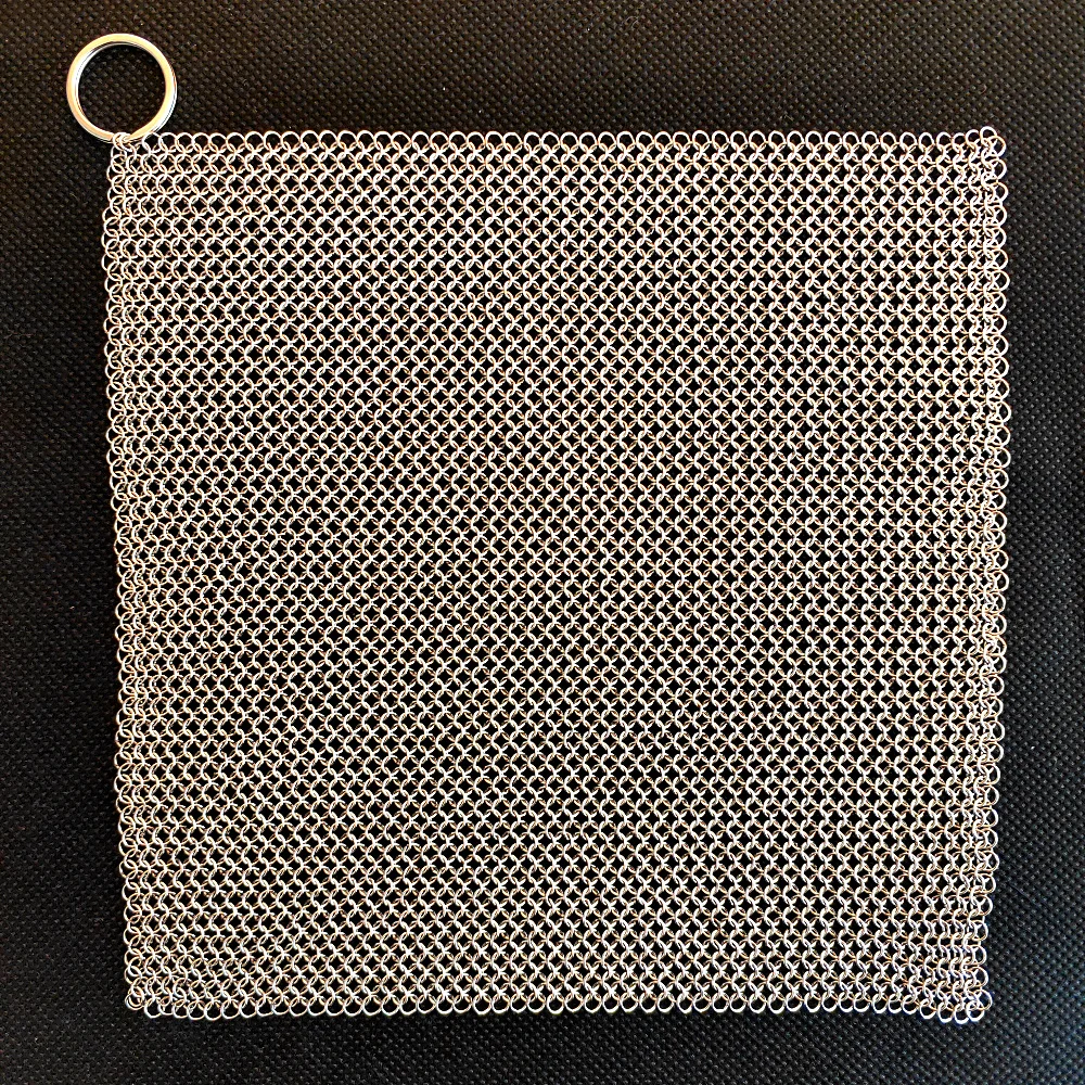 Stainless Steel Kitchen Tool Cleaning Cast Iron with Chain Mail Scrubber With Hollow Silicone Rubber Pad