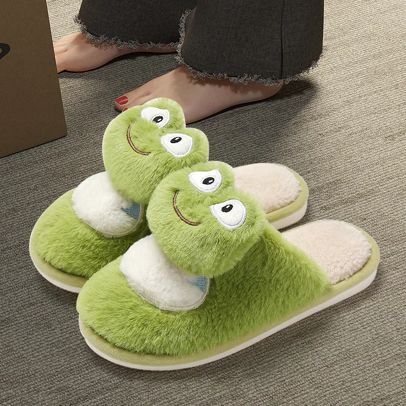 2024 Cute Frog Cotton Slippers For Women Men Winter Indoor Home Floor Shoes Warm Faux Fur Anti-slip Couples Cartoon Footwear