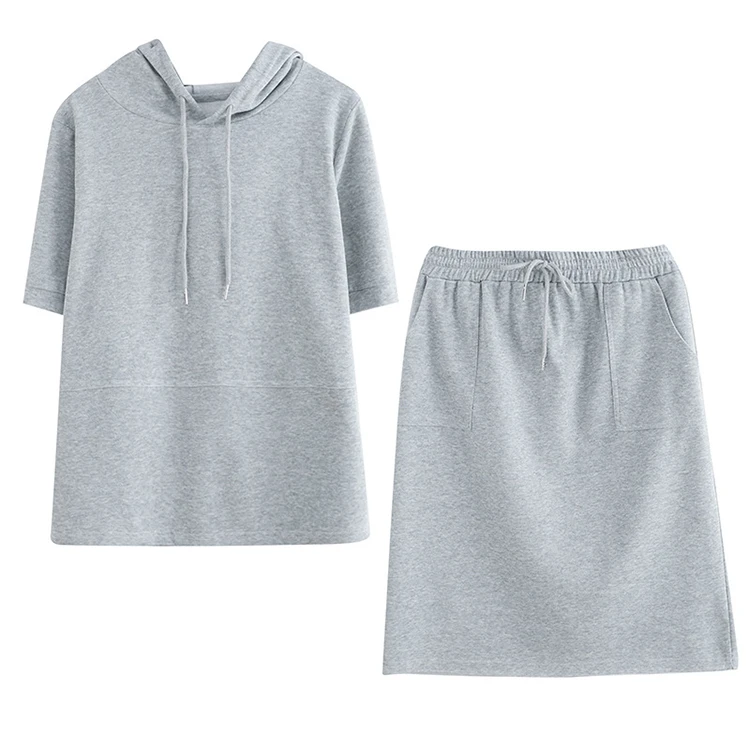 clothing manufacturer wholesale custom best quality gray tracksuit women short sleeve t shirts hoodie set with skirt for usa