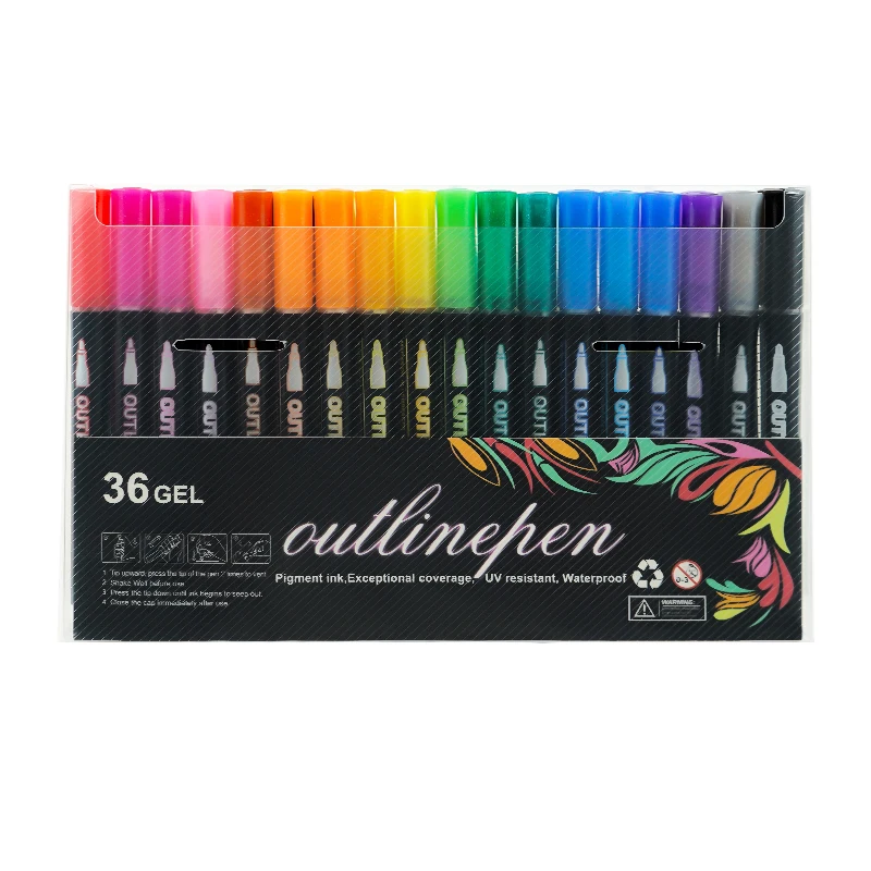 Customized Logo 36 Colors Silver double line marker pen set Metallic Outline Marker Pen