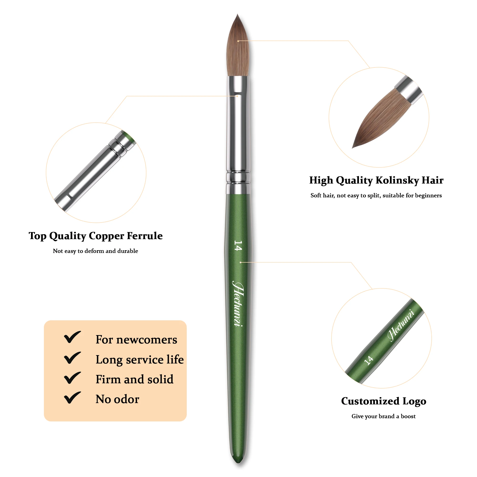 Factory Supplies 100%Pure Kolinsky High Quality Green Color Nail Brush Custom Nail Acrylic Brush#8 10 12 14 16